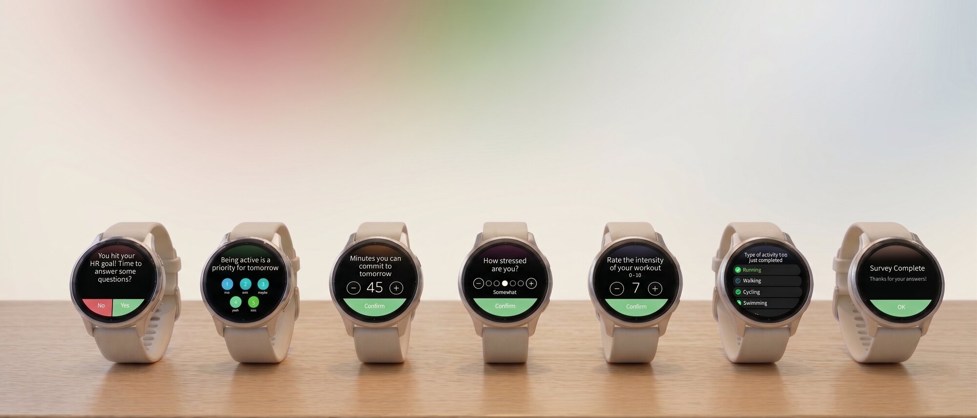Seven Garmin smartwatches side-by-side, each displaying a different Engage prompt type