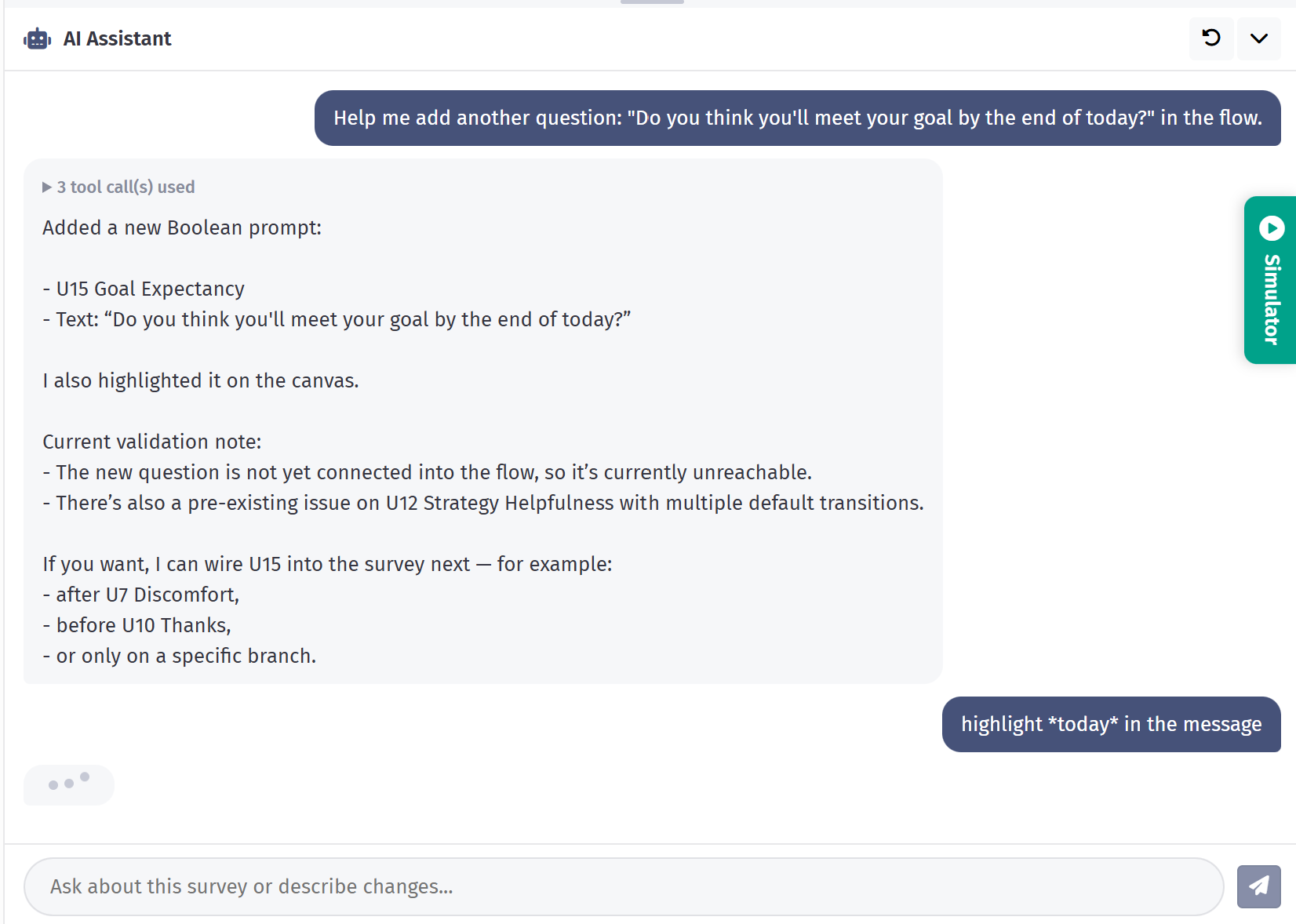Fitabase Engage AI Assistant pane showing a conversation about adding a new Boolean prompt to a survey flow