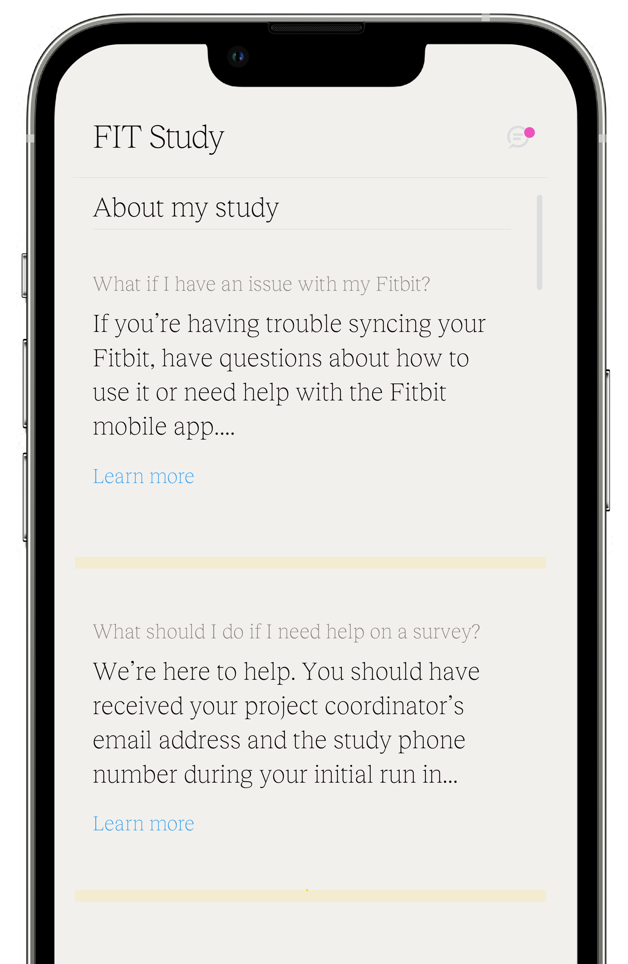 Fitabase Engage mobile app showing an 'About my study' screen with FAQ-style help topics for a FIT Study