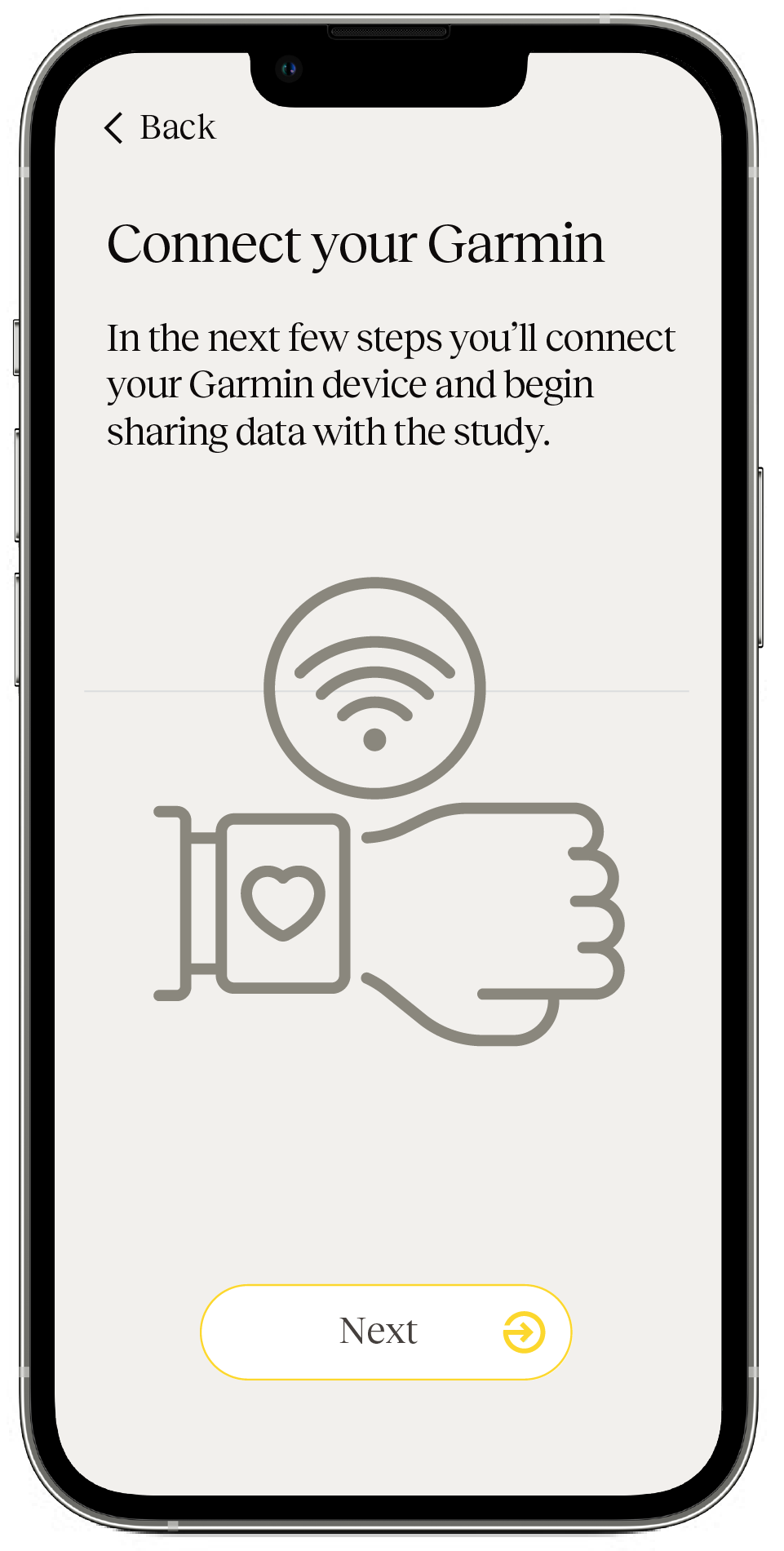 Fitabase Engage mobile app showing a 'Connect your Garmin' onboarding screen with a wrist-and-watch illustration