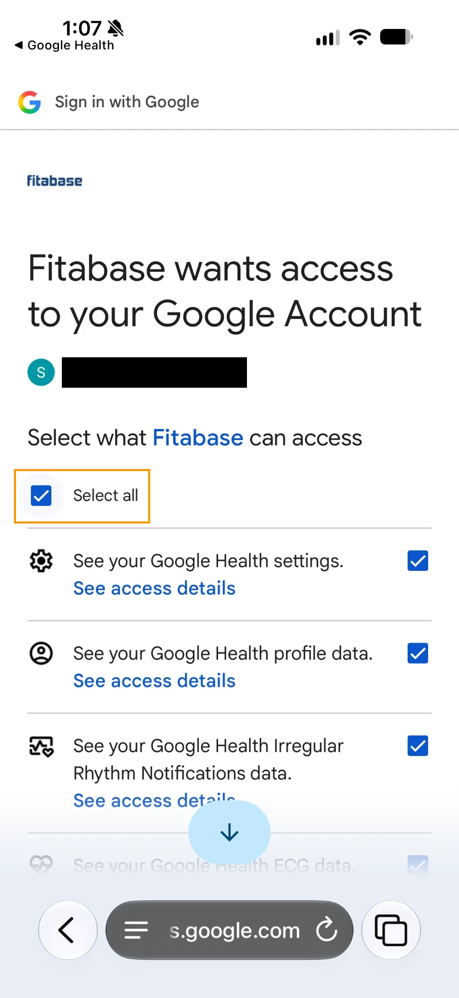 The Google permissions screen titled Fitabase wants access to your Google Account, with Select all checked and highlighted above the list of Google Health data scopes