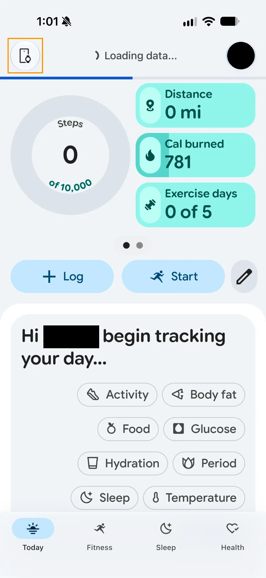 The Google Health app Today screen with the Connections icon in the top-left corner highlighted