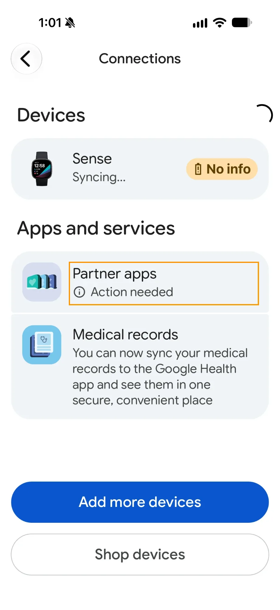 The Google Health app Connections screen with Partner apps marked Action needed highlighted